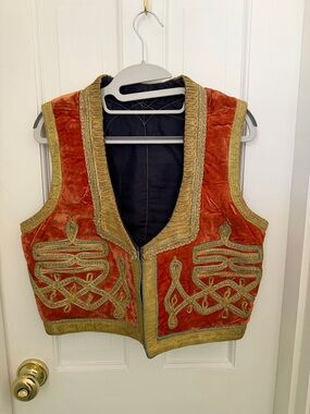 Vintage Moroccan Orange Crushed Velvet Vest with Turquoise and Gold Trim - RARE